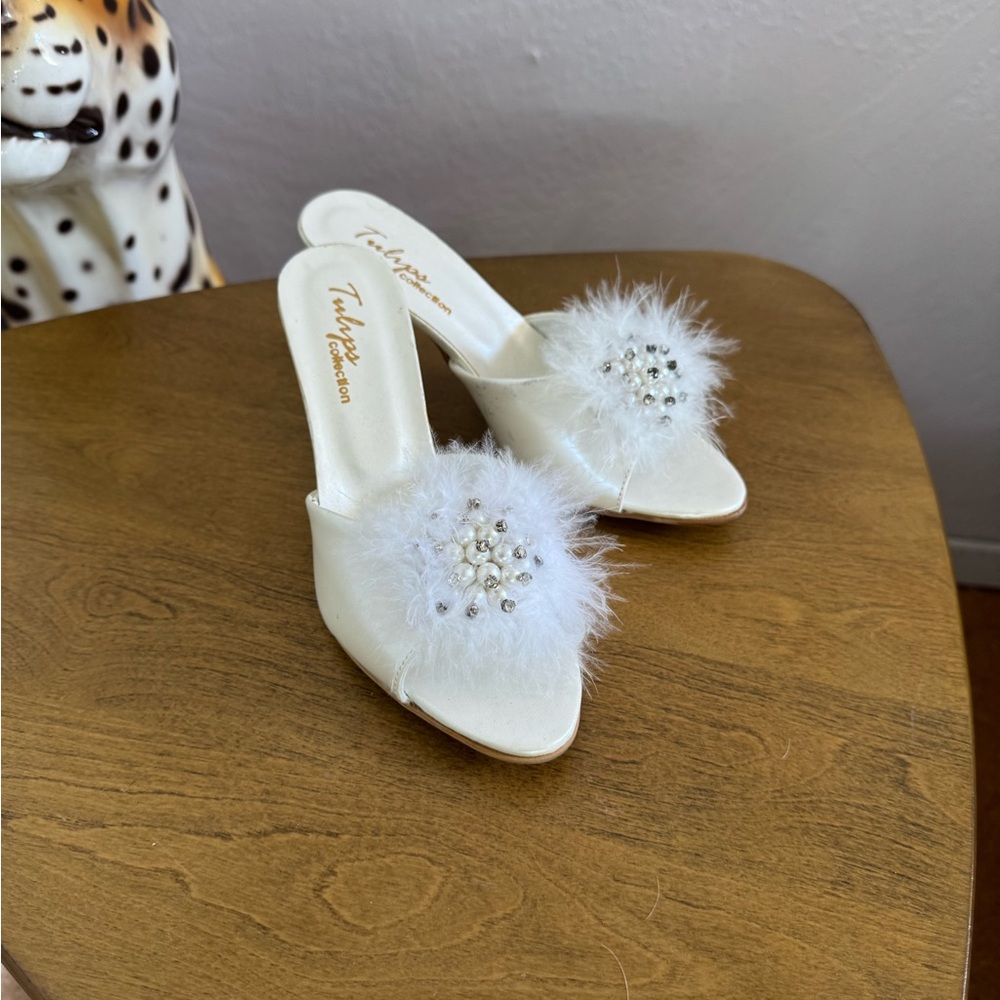 Tulips Pearly White Boudoir Mules with Marabou 7